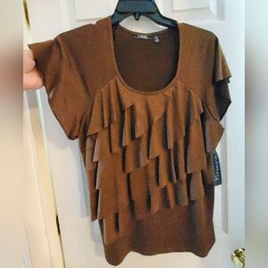Elementz Women's 1X Short Sleeve Brown Ruffle Stretch Space Dye Knit Poly/Spx
